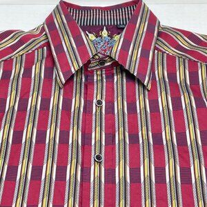 Robert Graham Men's Shirt - Burgandy and Gold Striped - Size L - EUC